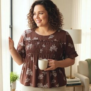 Torrid Blouse Womens 2 Brown Floral Ruffle Sleeve‎ Smocked Peplum Top Shirt